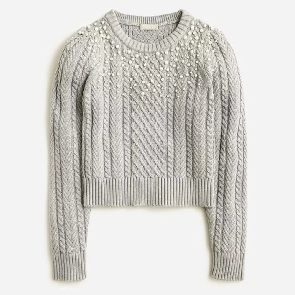 J.Crew Pearl Embellished Cotton Cable Knit Sweater